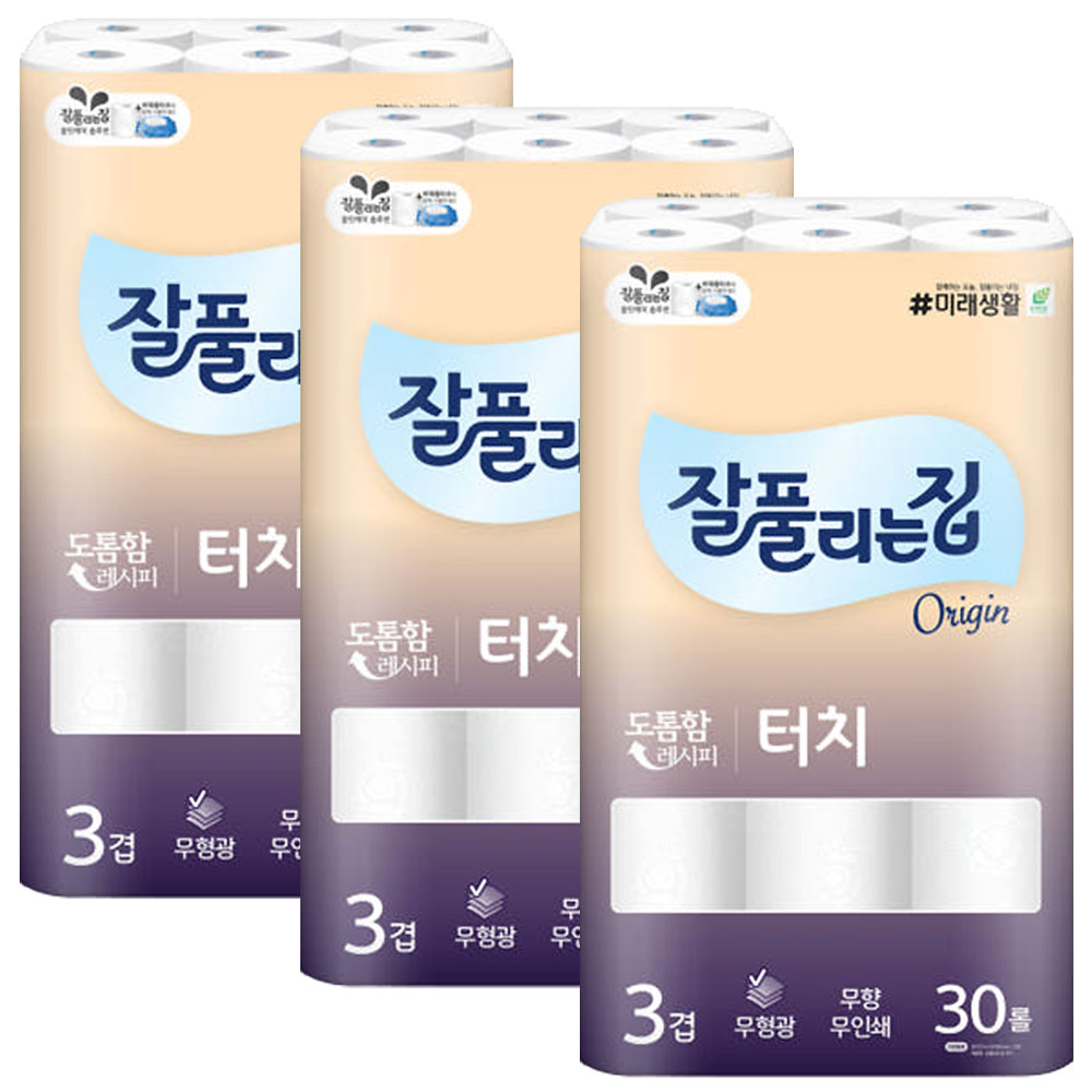 잘풀리는집 3겹 터치 25m 30롤 x3팩